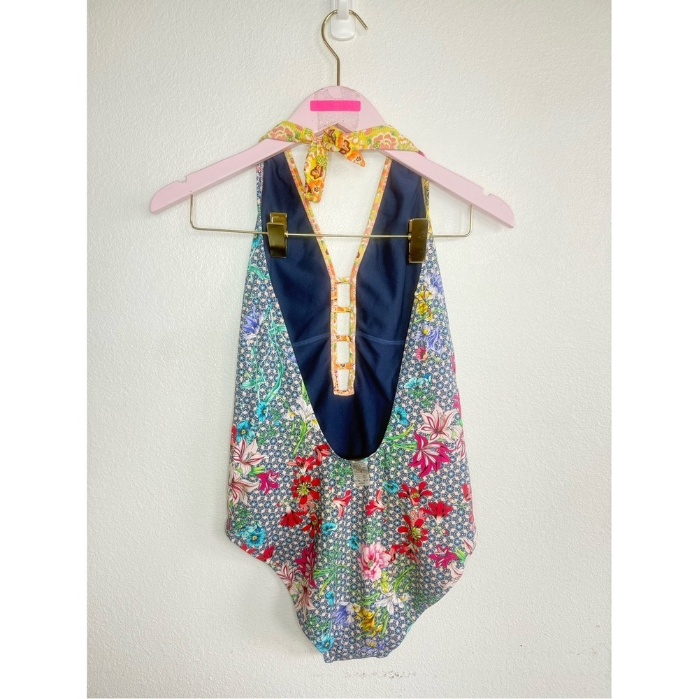 Johnny Was Floral Halter One Piece Swimsuit XL Blue Multicolor - Picture 2 of 5
